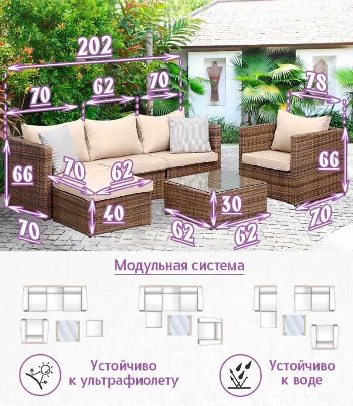 Комплект мебели из искусственного ротанга Лаунж Релакс (цвет: капучино) с бежевыми подушками