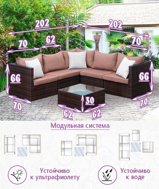Комплект мебели из искусственного ротанга Лаунж-V (цвет: шоколад) с коричневыми подушками