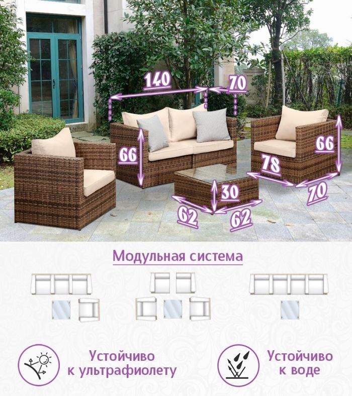 Комплект из искусственного ротанга Лаунж Классик-2 (Lounge Classic-2) (цвет: капучино) с бежевыми подушками