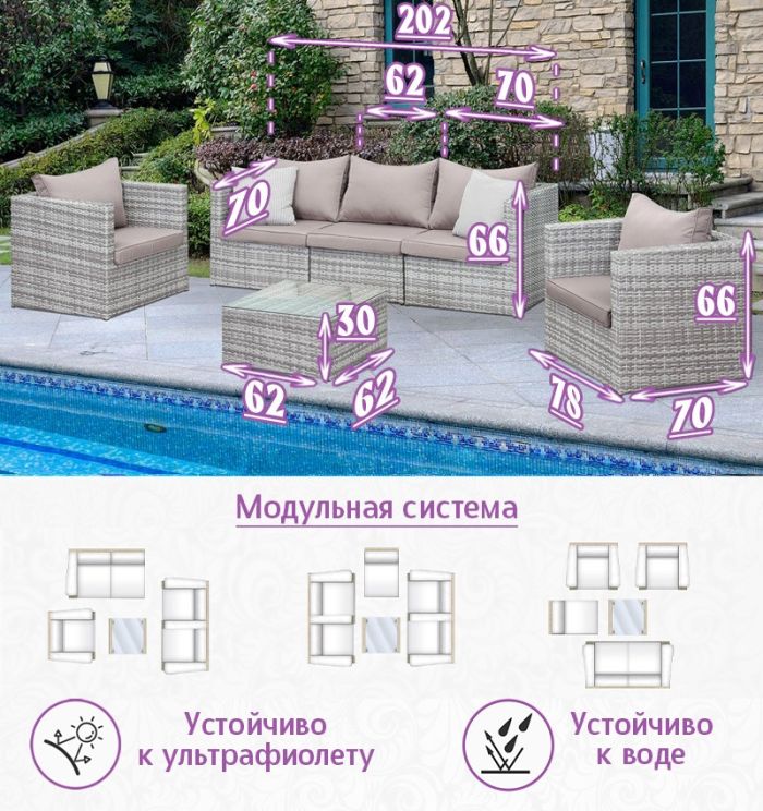 Комплект мебели из искусственного ротанга Лаунж Классик-3 (цвет: серый) с серыми подушками