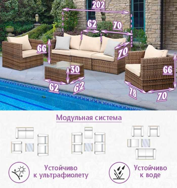 Комплект мебели из искусственного ротанга Лаунж Классик-3 (цвет: капучино) с бежевыми подушками