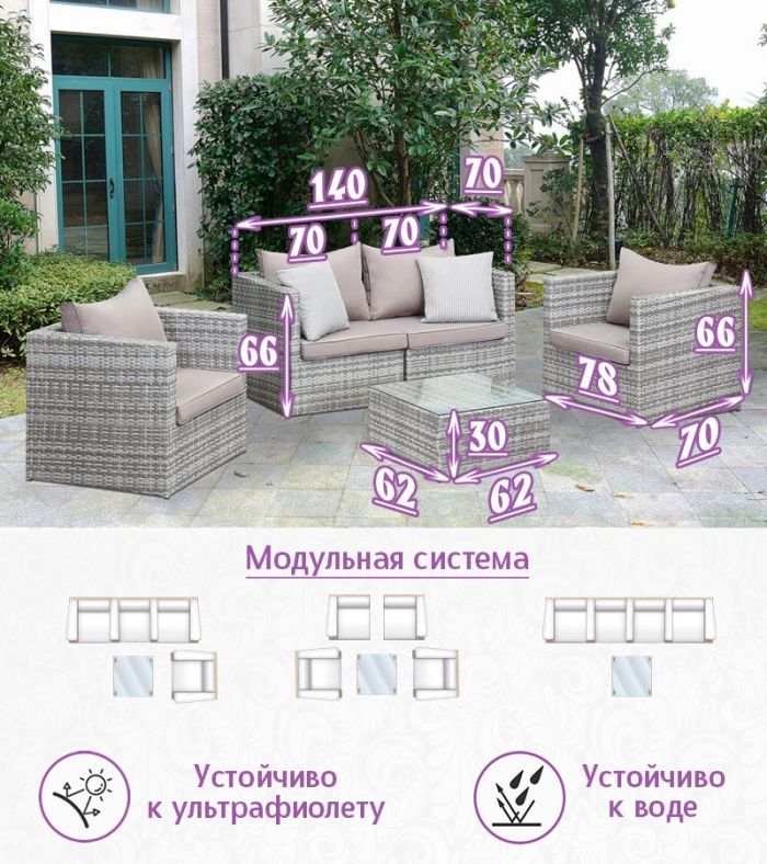 Комплект из искусственного ротанга Лаунж Классик-2 (Lounge Classic-2) (цвет: серый) с серыми подушками