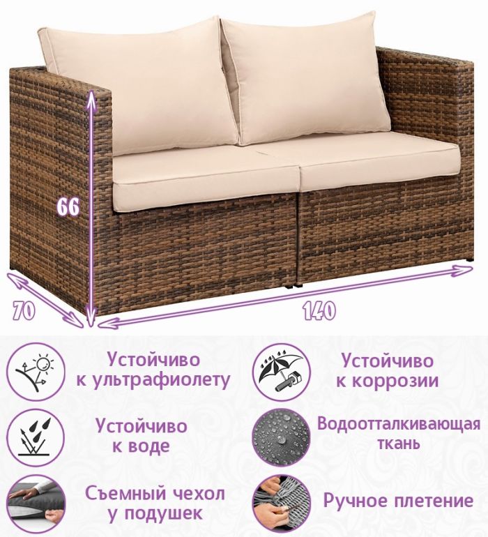 2-х местный диван из искусственного ротанга Лаунж (цвет: капучино) (бежевая подушка)