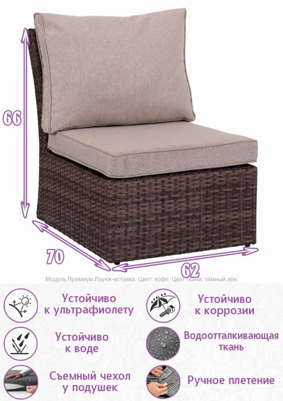 Модуль вставка для расширения дивана Премиум Лаунж (цвет: кофе) (подушка: тёмный лён)