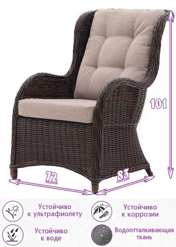 Кресло из искусственного ротанга Оксфорд (цвет: кофе) (подушка: лен)
