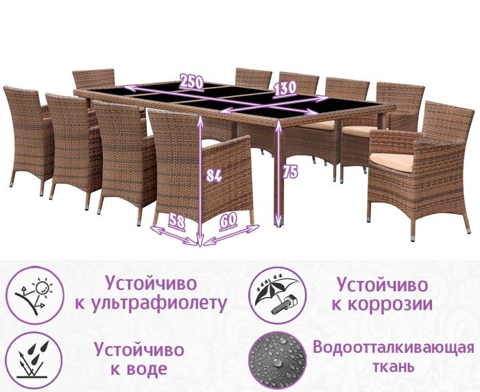 Обеденная группа из искусственного ротанга Пьяцца-10 (цвет: капучино) с бежевыми подушками