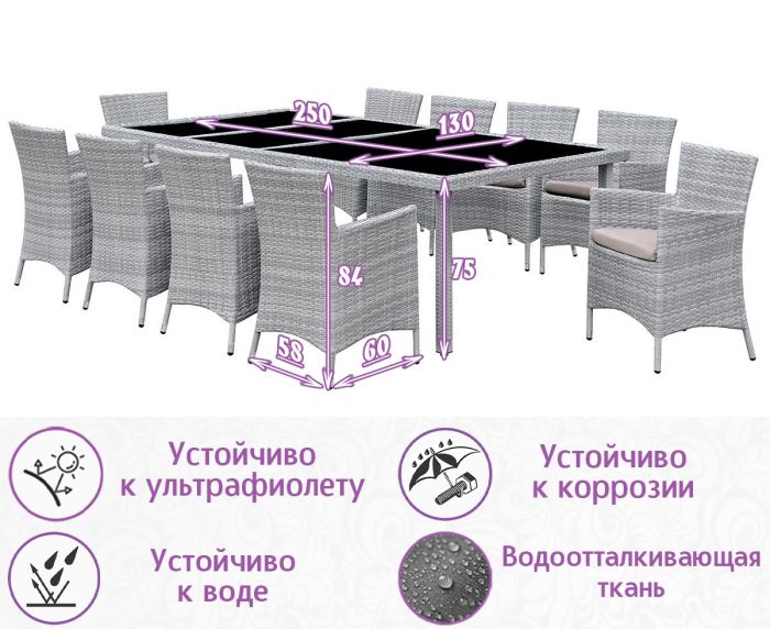 Обеденная группа из искусственного ротанга Пьяцца-10 (цвет: серый) с серыми подушками