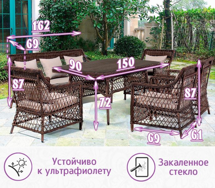 Комплект мебели для обеда и отдыха из искусственного ротанга Пикник-7+ (цвет: кофе) (подушки: лен)