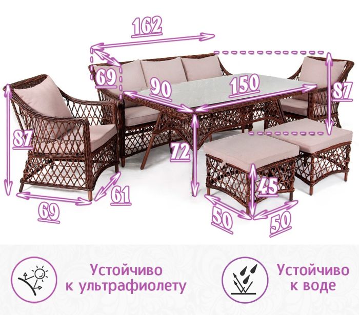 Комплект мебели для обеда и отдыха из искусственного ротанга Пикник-7 (цвет: кофе) (подушки: лен)