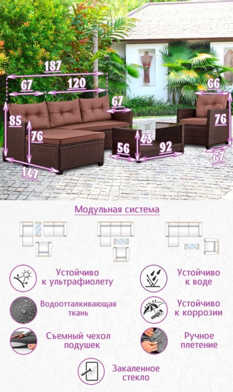 Комплект из искусственного ротанга Софитель Плюс (Sofitel+) (цвет: шоколад) с коричневыми подушками