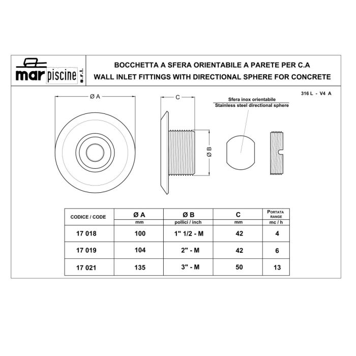 Форсунка стеновая под бетон Marpiscine 17018 (1.5") нерж.сталь