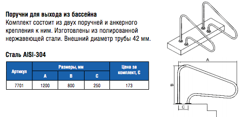 Поручни для выхода из бассейна с анкерами AISI-304 (в компл. 2 шт)