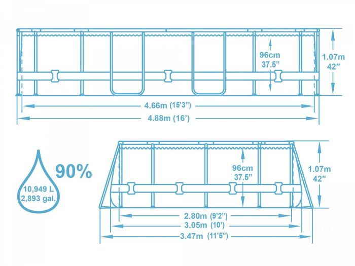 Каркасный бассейн Power Steel 488х305х107см, 10949л, фил.-насос 3028л/ч, лестница, тент, попл.-доз., Bestway, 56448 BW