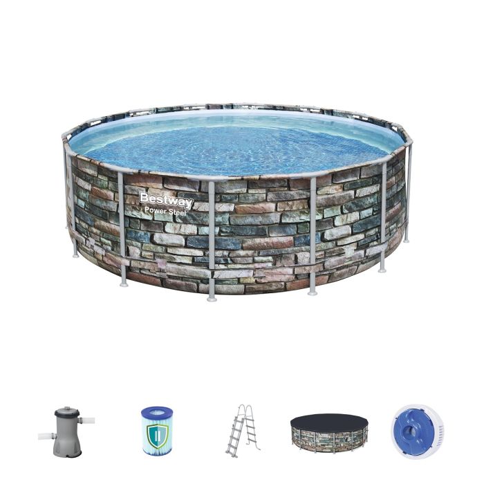 Каркасный бассейн Power Steel 427x122см "Камень" 15232л, фил.-нас. 3028л/ч, лестн., тент, попл.-доз., Bestway, 56993 BW