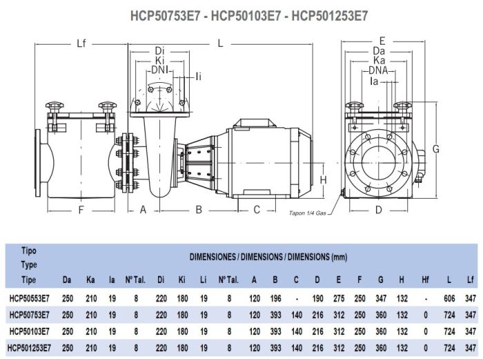 Насос Hayward HCP50753E7 (380V, пф, 81m3/h*14m, 5,5kW, 7,5HP) кор. чугун\крыл.бронза, фланец 125\100