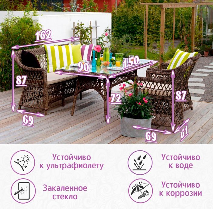 Комплект мебели из искусственного ротанга Пикник (цвет: кофе) (подушки: лен)